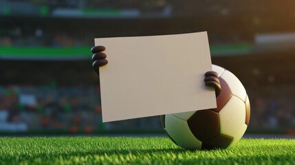 Cartoon character ball smiling on the stadium grass is stunning with empty board background of stadium audience and plain background has competitive message