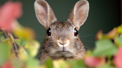 Fototapeta premium Curious rabbit peering through bush, garden background, nature photo