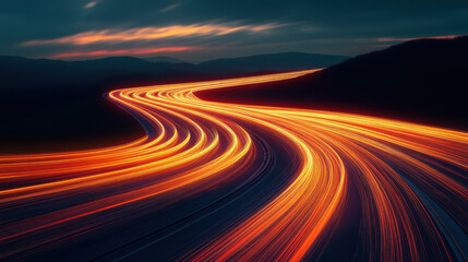 A long-exposure photograph of the glowing lights from cars on an open highway at sunset