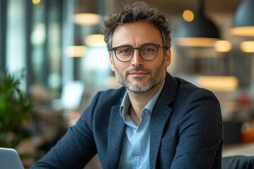 Obraz premium Man in glasses at table with laptop, focused on screen, surrounded by books and coffee cup. Bright room with large window, plants.