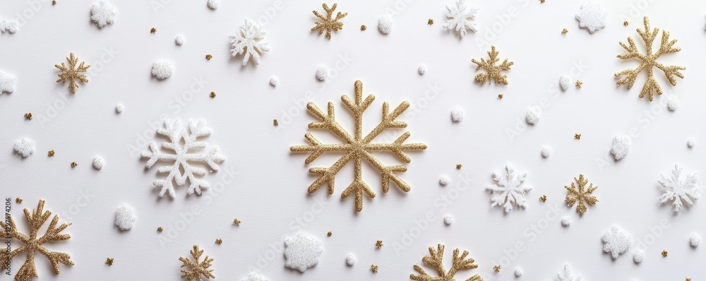 Poster minimalist holiday greeting card with gold-embossed text surrounded by snowflake patterns on a white