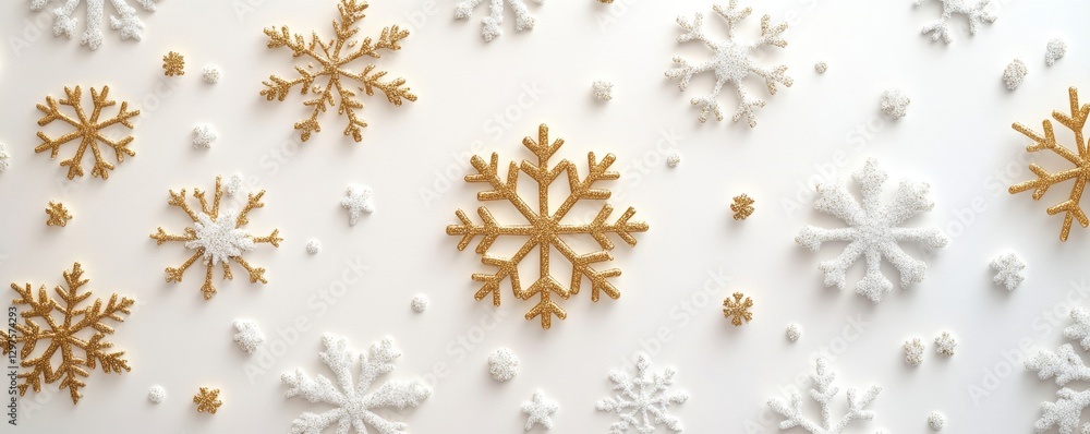 Poster minimalist holiday greeting card with gold-embossed text surrounded by snowflake patterns on a white