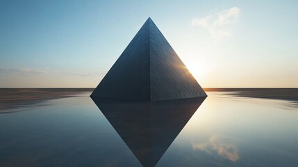 Monolithic pyramid mirroring in serene waters at tranquil sunrise