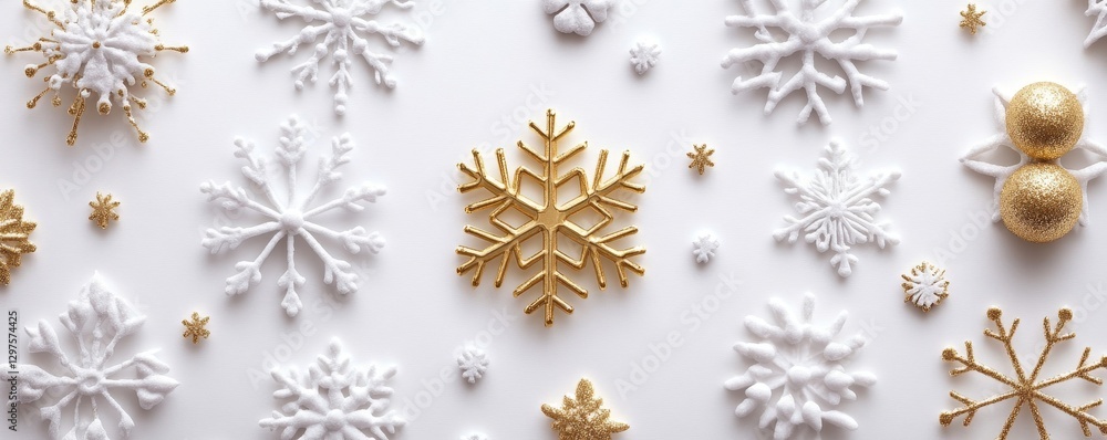 Poster minimalist holiday greeting card with gold-embossed text surrounded by snowflake patterns on a white