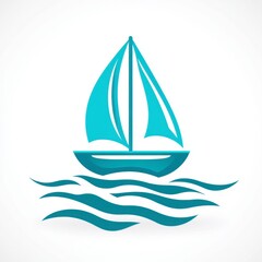 Stylized illustration of a sailboat on calm blue waters, simple design with light blue and teal tones against a white background