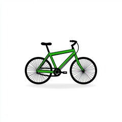 Fototapeta premium Green bicycle illustration on white background, simple line art style, two wheels, shadow below. Eco friendly transportation concept