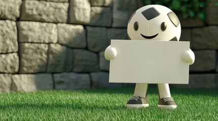 Cartoon character ball smiling on the stadium grass is stunning with empty board background of stadium audience and plain background has competitive message