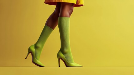 Fashionable Woman s Legs in Lime Green Heels   Socks