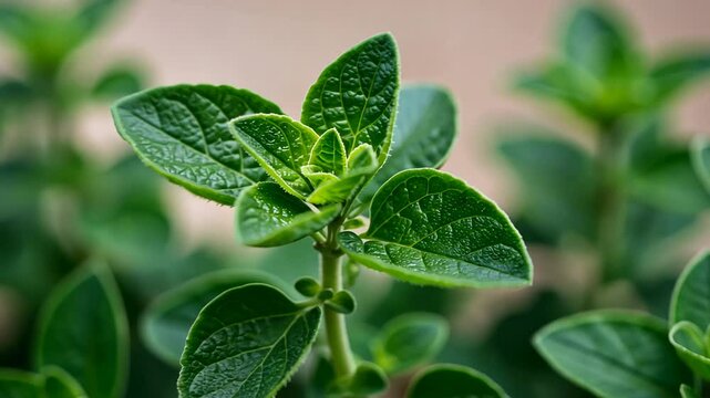 Close-up of vibrant green oregano plant showcasing detailed leaf texture and growth