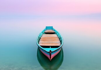 Obraz premium Small teal and pink wooden boat on calm water at sunrise, pastel sky colors, serene atmosphere, peaceful scene, reflection on water
