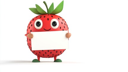 Cute and adorable strawberry cartoon character holding blank board standing on plain white background attractive visual for children, concept of caring for children's nutrition