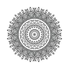 An intricate mandala illustration with floral and geometric patterns, rendered in black and white illustration. Ideal for coloring or decor. symmetry, ethnic, inspiration, invitation, lifestyle