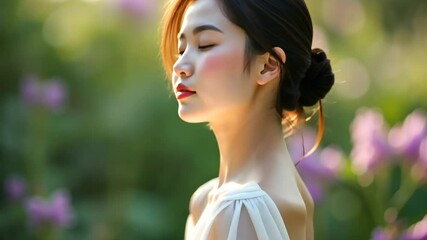 Portrait of a serene asian woman amidst purple flowers, evoking peace and reflection - Powered by Adobe