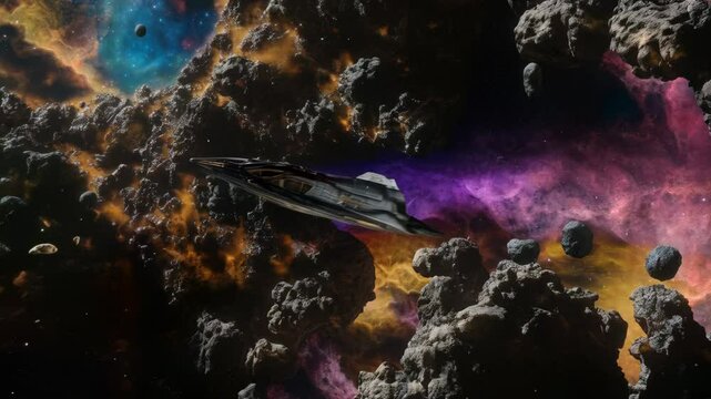 Spaceship navigating through asteroid field in nebula
