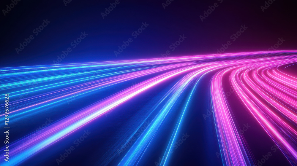 Poster abstract background with colorful light trails on the road, a concept of speed and motion