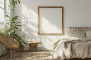 Sunny bedroom interior mockup with empty frame, wicker furniture, and plants