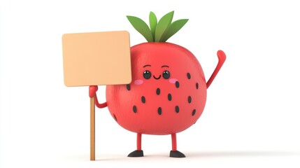 Cute and adorable strawberry cartoon character holding blank board standing on plain white background attractive visual for children, concept of caring for children's nutrition