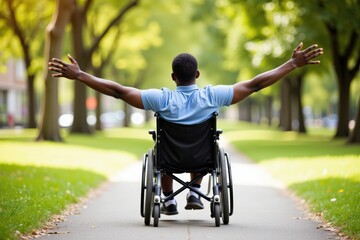 A Young Black Man in a Wheelchair Enjoying a Sunny Day in the Park: Embracing Freedom and Nature on a Peaceful Pathway