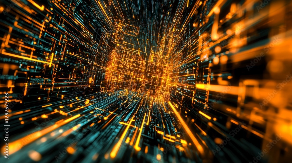 Aufkleber abstract digital background with glowing lines and bright particles in a futuristic virtual tunnel o