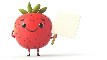 Cute and adorable strawberry cartoon character holding blank board standing on plain white background attractive visual for children, concept of caring for children's nutrition