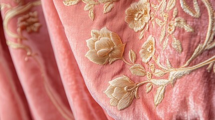 Close-up of Elegant Peach Velvet Fabric with Gold Floral Embroidery