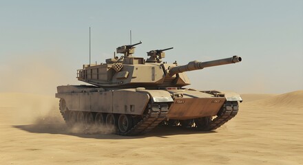Military Tank In Motion Across Desert Sand Dunes Under Clear Blue Sky