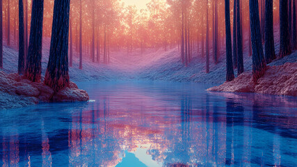 Obraz premium fractal and surreal landscape scene, Colorful rivers, upside down growing crystal forests reflect distorted starlight, 300dpi, illustration, pink and blue colors