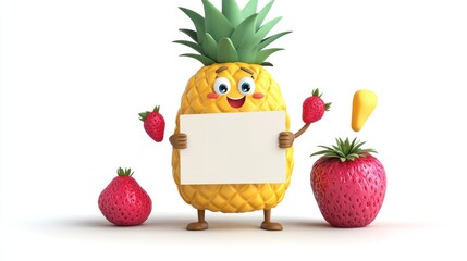 Cute and adorable strawberry cartoon character holding blank board standing on plain white background attractive visual for children, concept of caring for children's nutrition