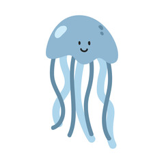 Jellyfish cartoon clipart. Cute blue compass jellyfish (Chrysaora hysoscella) vector illustration. Animal in flat style. Sea animals concept isolated on white background