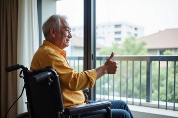 Older Asian Man in Wheelchair Gazing Out Window with Positive Gesture, Enjoying Indoor Comfort and Natural Light in a Calm Residential Setting
