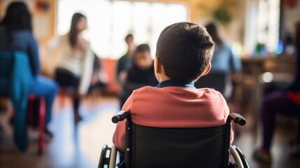 Naklejka premium A child in an electric wheelchair is sitting at the desk in a classroom