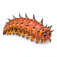 Obraz premium Close up of a reddish brown caterpillar with prominent spiky protrusions against a stark white background. The caterpillar displays detailed textures