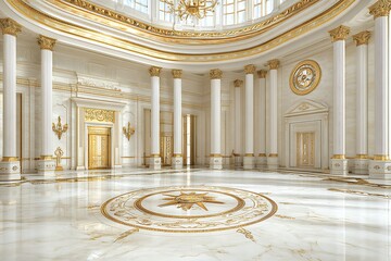 Empty gilded hall, marble floor, event backdrop