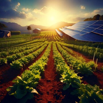 A solar-powered farm growing organic crops, reducing industrial agriculture emis.