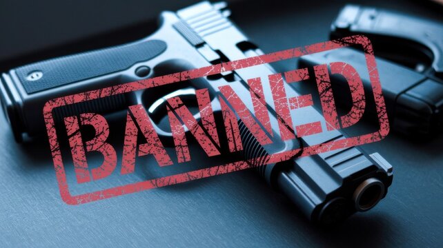 Two handguns lie on a table, a red "BANNED" stamp over them, indicating prohibition.