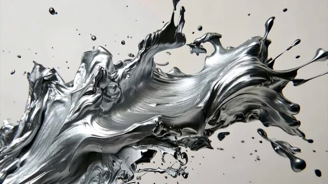 Silver paint explosion on white background. Mercury quicksilver splash explode