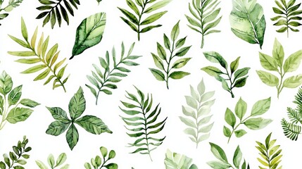Fototapeta premium A vibrant collection of watercolor leaves featuring various shades of green, perfect for nature-themed designs or backgrounds.