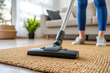 Woman vacuuming rug in living room, close up of vacuum cleaner head on carpet.
