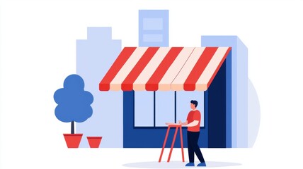 A man stands outside a small shop with a red and white striped awning, surrounded by buildings and greenery in a simple, flat design.
