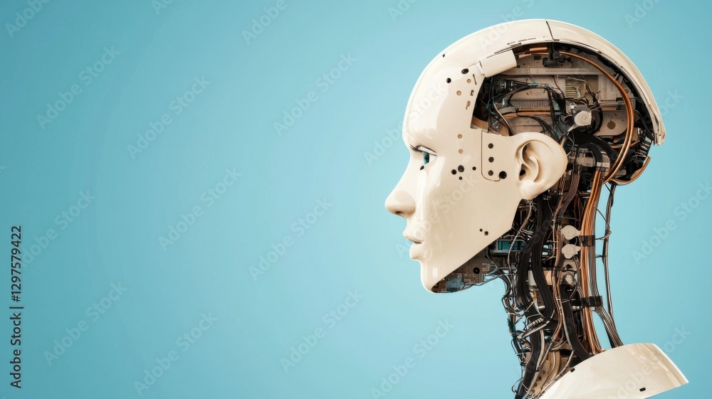 Poster a futuristic robotic head showcasing intricate internal mechanics against a blue background, represe