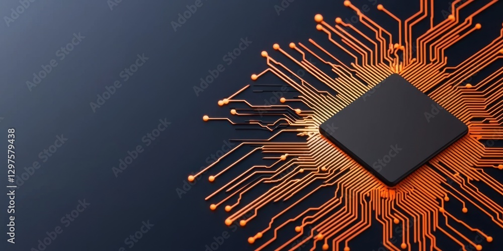 Poster a close-up of a microchip with intricate orange circuit lines against a dark background, symbolizing