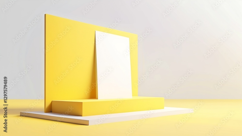 Poster minimalist display with yellow background and pedestal setup