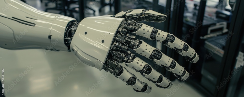 Poster a robotic hand showcasing advanced technology with intricate design and mechanical features, set in 