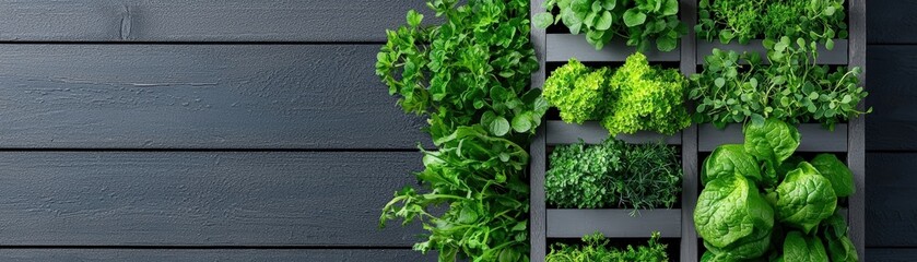 Fototapeta premium A vibrant vertical garden featuring fresh herbs and greens against a dark wooden backdrop, ideal for modern home decor.