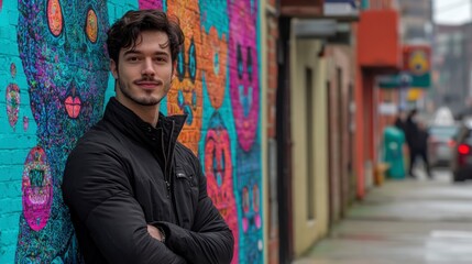 Fototapeta premium Confident Man Posing by Vibrant Urban Street Art Mural