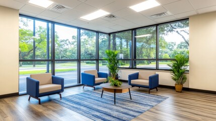 Fototapeta premium Modern office lounge with comfortable seating, greenery, and large windows overlooking a serene landscape