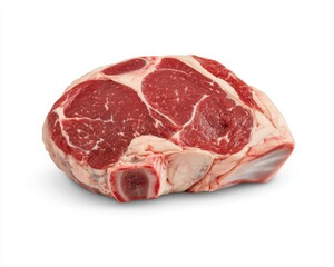 Fototapeta premium Raw red beef steak on white background, close up view showing marbling and bone. High quality image of a single cut of meat, ideal for culinary or