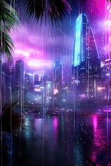 Fototapeta premium Cyberpunk cityscape at night, rain falling, purple and blue neon lights reflecting on water, palm trees in the foreground. Futuristic urban scene