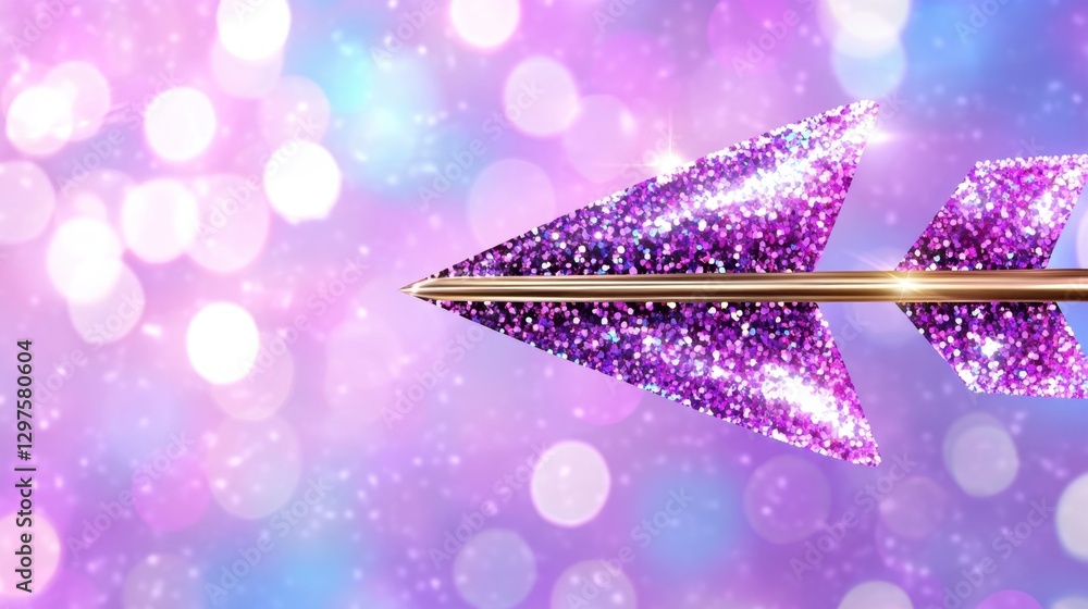Poster purple glitter arrow with gold tip on a bokeh background. sparkling arrow with a magical, dreamy fee