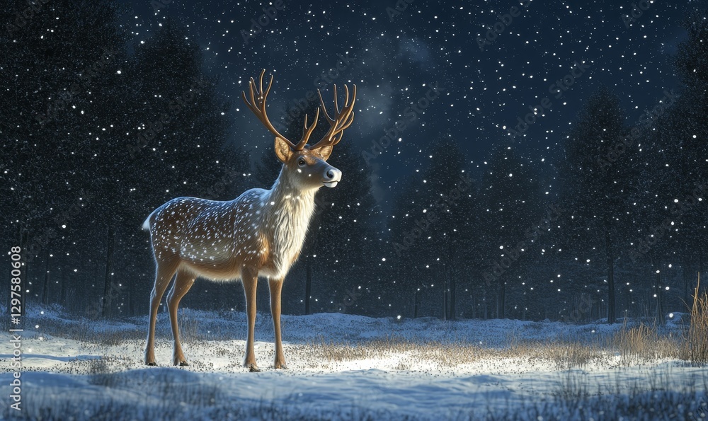 Poster artistic rendering of a reindeer in profile, standing on a snowy hillside under a crescent moon, gen